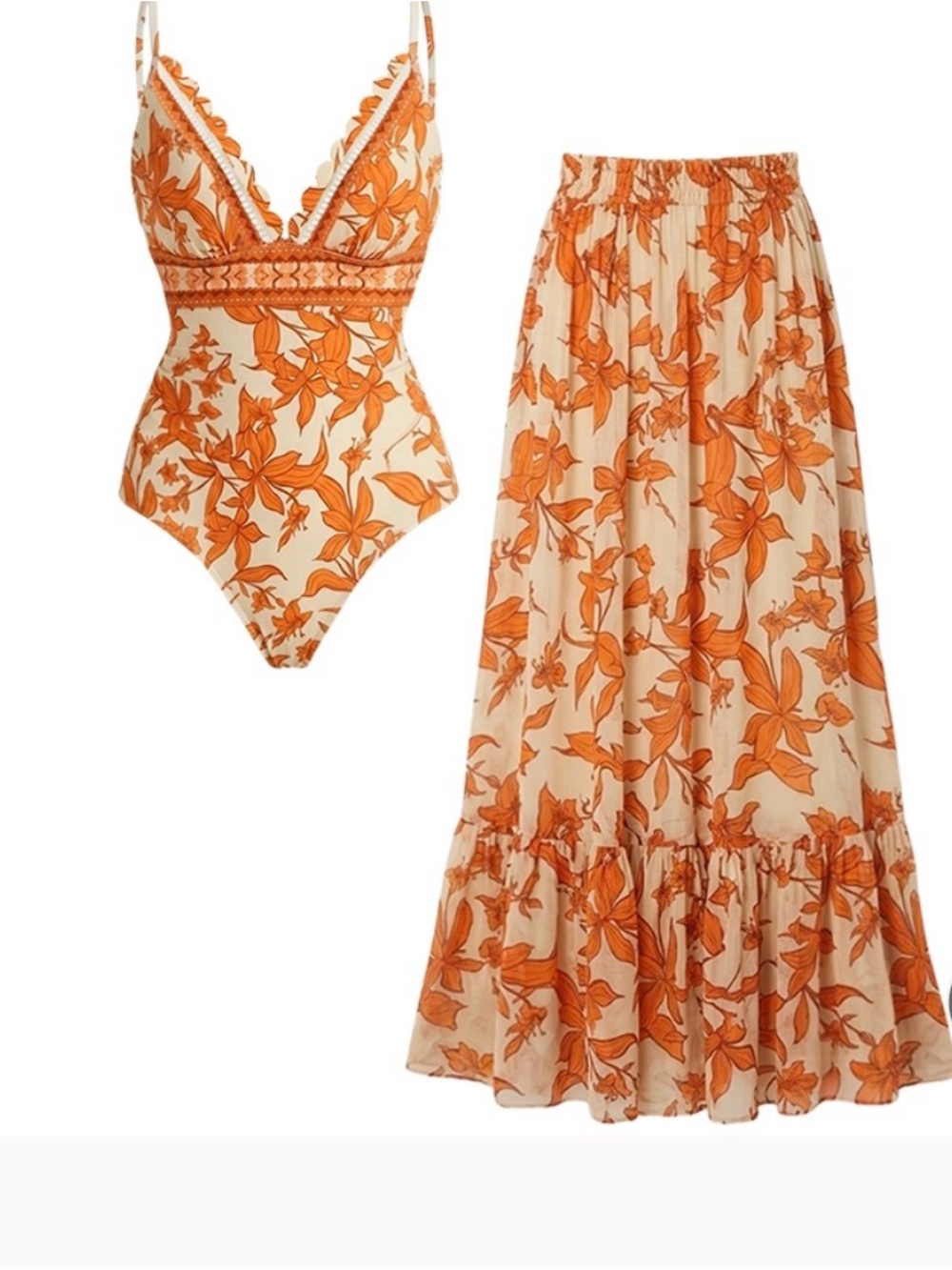 Orange Floral Lace-Trim One-Piece Swimsuit with Maxi Skirt Set